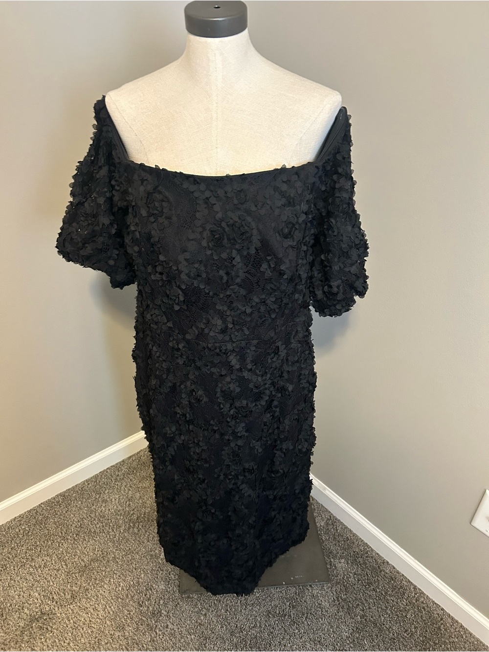 Xscape Black Off-Shoulder Appliqué Midi Dress